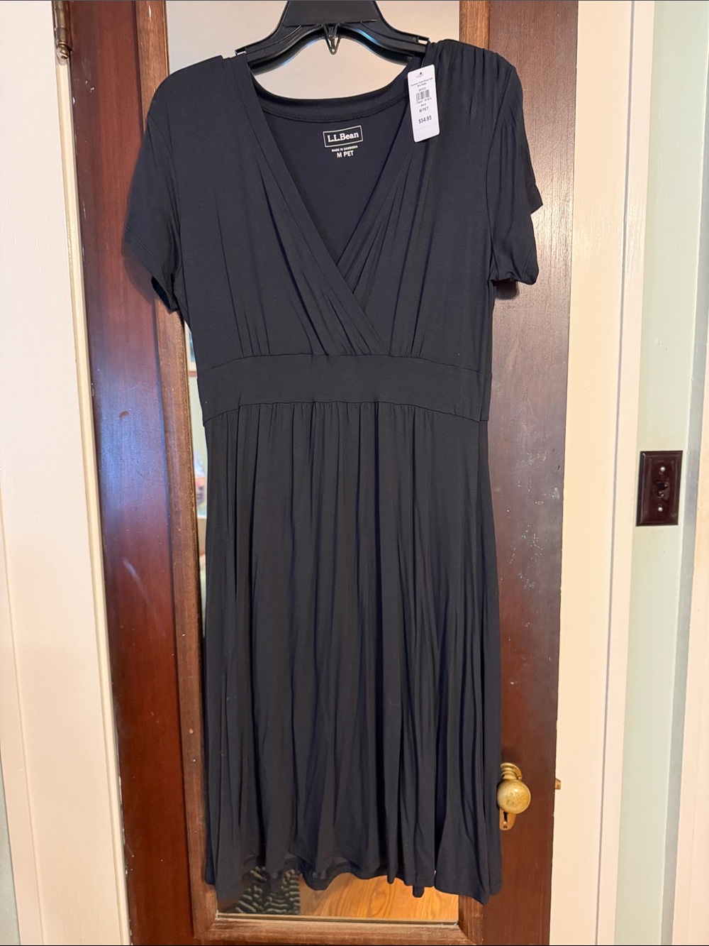 L.L. Bean Black V-Neck Empire Waist Short Sleeve Dress